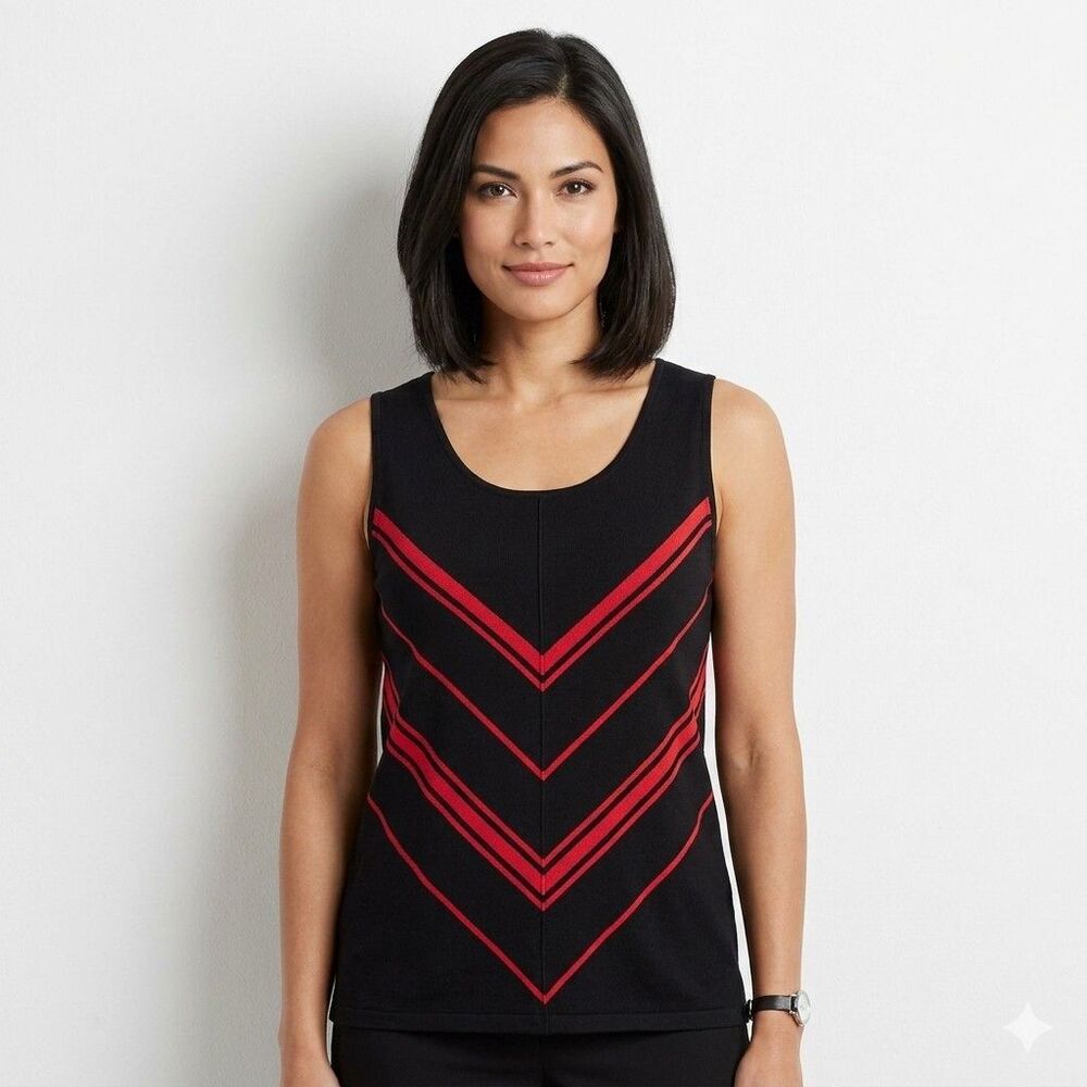 Tahari Arthur S Levine Womens Tank Top 16 Black Red Chevron V Stripe Sleeveless